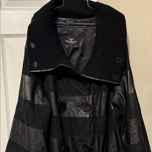 Stylish Black Leather Coat with Wide Collar